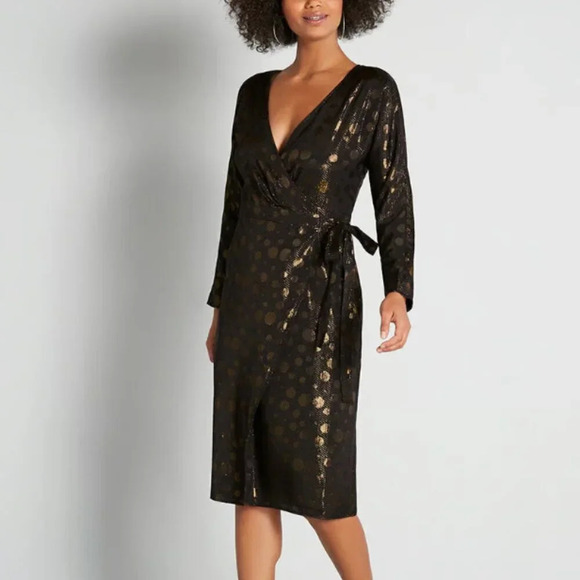 NWT ModCloth Golden Record Party Wrap Dress Black Gold Tie Waist Retro Chic - Picture 1 of 8